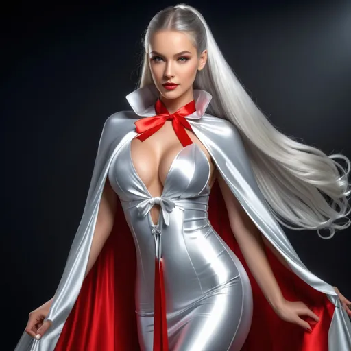 Prompt: Highly detailed , ultrarealistic , splash , AI defined exquisitely beautiful, totally ultra realistic supermodel , gorgeously detailed facial features, sumptuous cleavage, perfect body proportions, ultra pale, long silver hair in ponytail , wearing floor length silver satin cape tied around neck with red ribbon ties , 

Perfect studio lighting, perfect shading, impeccable contrast, HDR, UHD, high res, 
