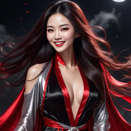 Prompt: pretty smiling chinese vampire , baring fangs , long windswept hair wearing a floor length glossy black and red cape tied at the neck and a glossy silver nightdress ,night , full length , 8k , ultrarealistic