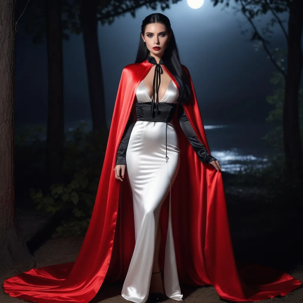 Prompt: Floor length high collar shiny Black and red cloak tied at the neck , pretty vampire girl , long black hair ponytail , (white satin chemise:1,9), ultrarealistic, film grain , full length , 8K , night , vogue,