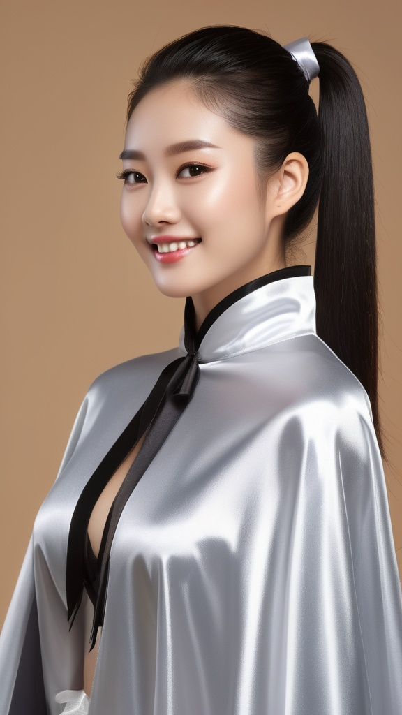 Prompt: (RAW photo, best quality, masterpiece, ultra-detailed, high res), (realistic),(extremely delicate and beautiful:1), mesmerizing portrait of a Chinese woman with long black hair in sleek high ponytail delicate features, smiling slightly reflecting lights, glimmering lights, expression of feelings, imaginative, highly detailed, extremely high-resolution details, photographic, realism pushed to extreme, fine texture, 4k, ultra-detailed, high quality, high contrast, wearing silver satin cape tied at neck with ribbon ties full body shot