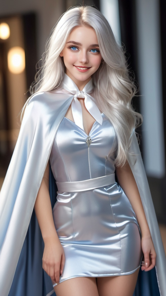 Prompt: Lifelike Blue-eyed girl in her 20s smiling with long white hair, long silver satin cape tied at the neck with a ribbon , mini skirt   , full body, slight skin blemishes, sly smile, high-quality ultra realistic style, warm tones, soft lighting, detailed eyes, subtle freckles, professional, expressive