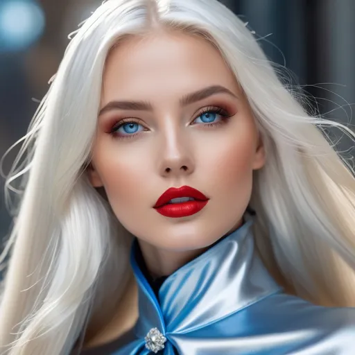 Prompt: floor length high collar glossy silver cloak tied at the neck , breathtakingly beautiful girl , long platinum blonde hair, blue eyes , red lips , 8K , elfish undertones, , ultrarealistic, film grain, highly detailed