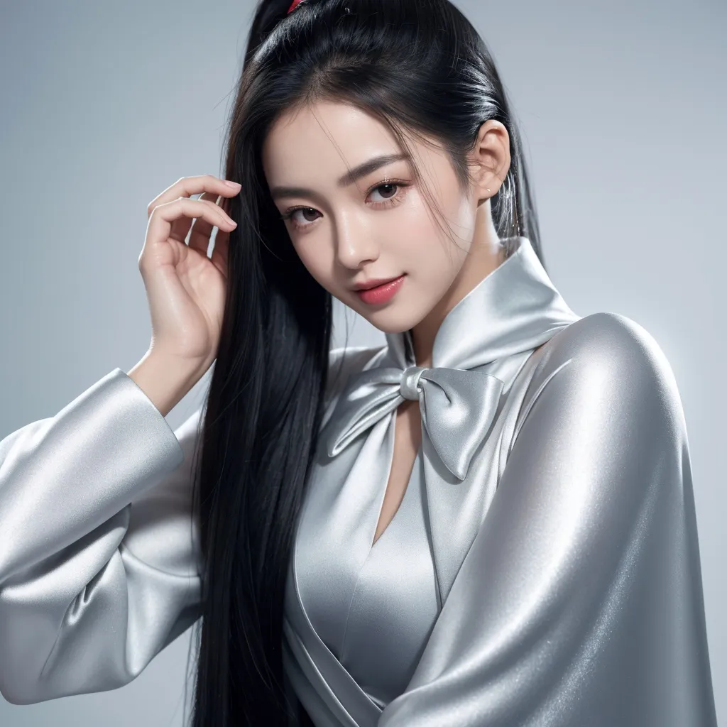 Prompt: (RAW photo, best quality, masterpiece, ultra-detailed, high res), (realistic),(extremely delicate and beautiful:1), mesmerizing portrait of a woman with long black hair in sleek high ponytail detailed features, smiling slightly reflecting lights, glimmering lights, expression of feelings, imaginative, highly detailed, extremely high-resolution details, photographic, realism pushed to extreme, fine texture, 4k, ultra-detailed, high quality, high contrast, wearing silver satin cape tied at neck with ribbon ties full body shot