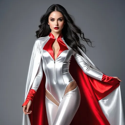 Prompt: (RAW photo, best quality, masterpiece, ultra-detailed, high res), (realistic),(extremely delicate and beautiful:1), mesmerizing picture of beautiful girl with long black hair , wearing a long silver and red lined satin cape , silver leotard , highly detailed, extremely high-resolution details, photographic, realism pushed to extreme, fine texture, 4k, ultra-detailed, high quality, high contrast 