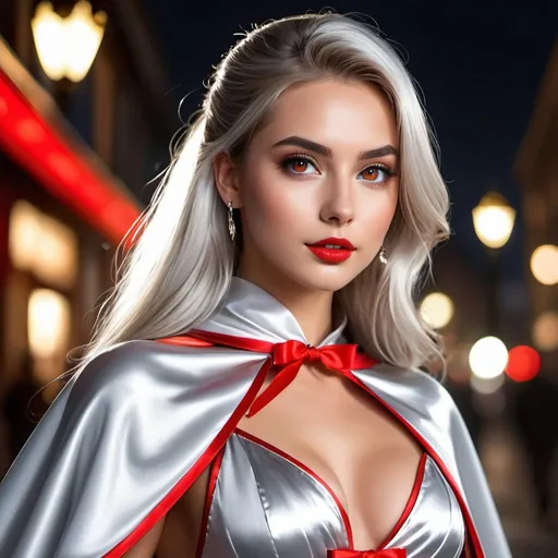 Prompt: (RAW Photo) , (highly detailed:1.20) , ultra realistic :1.10) , gorgeous girl in her 20s , (perfect face:1.20) , (detailed red eyes:1.20) , with long silver hair in ponytail , (((long silver satin cape tied at the neck with a ribbon :1.20))) , silver minidress  , full body, walking down street at night , high-quality ultra realistic style, detailed eyes, professional, expressive , 8K , highly detailed , professional,