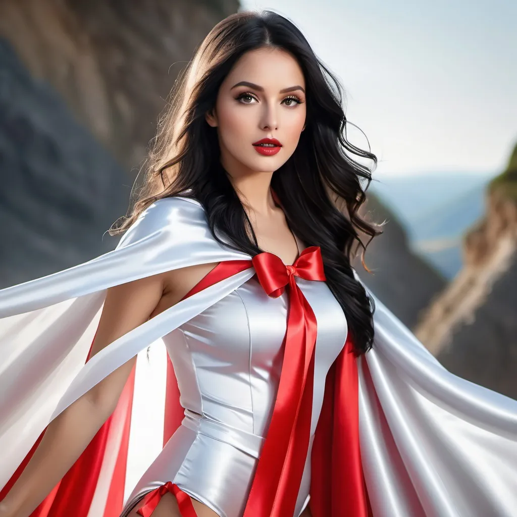 Prompt: (RAW photo, best quality, masterpiece, ultra-detailed, high res), (realistic),(extremely delicate and beautiful:1), mesmerizing picture of beautiful girl with long black hair,, wearing a long silver and red lined satin cape tied at the neck with a ribbon , silver leotard and short skirt , highly detailed, extremely high-resolution details, photographic, realism pushed to extreme, fine texture, 4k, ultra-detailed, high quality, high contrast 