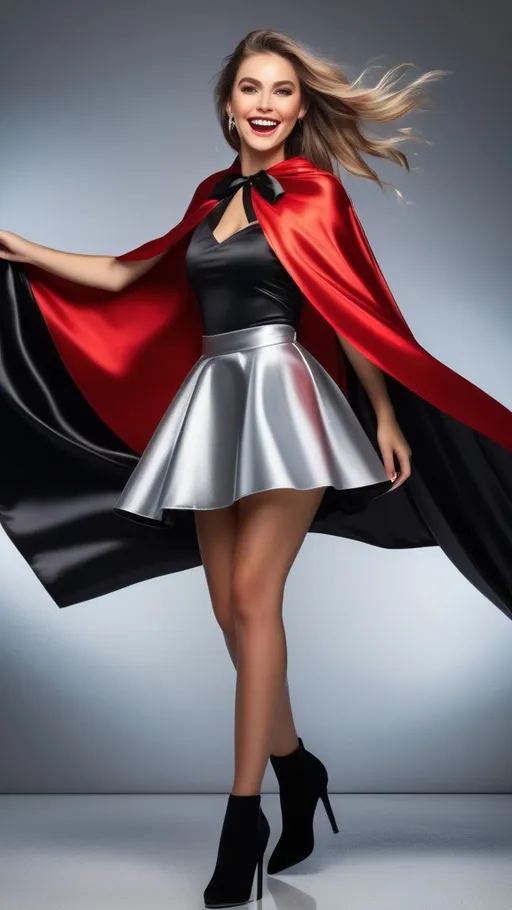 Prompt: pretty smiling woman , long windswept hair , floor length glossy black and red cape tied at the neck with ribbon , glossy silver skater skirt , full length , 8k , ultrarealistic