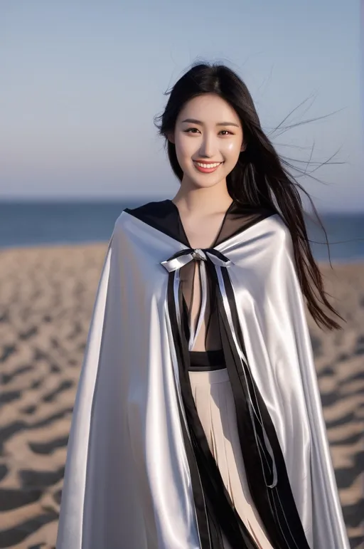 Prompt: Create a highly detailed, ultra realistic, AI defined image of a highly desirable "girl next door look" young Chinese college smiling student in a floor length glossy silver satin cape tied up at the neck with ribbon, ample cleavage, long black hair , wearing nothing , classic makeup, on the beach

wide landscape lense, ISO 500, Aperture f/22, APS-C, Splash art, dark fantasy art, stunning bokeh, cinematic lighting and scale, super detailed, 64k, high quality perfect lighting, perfect shadows.