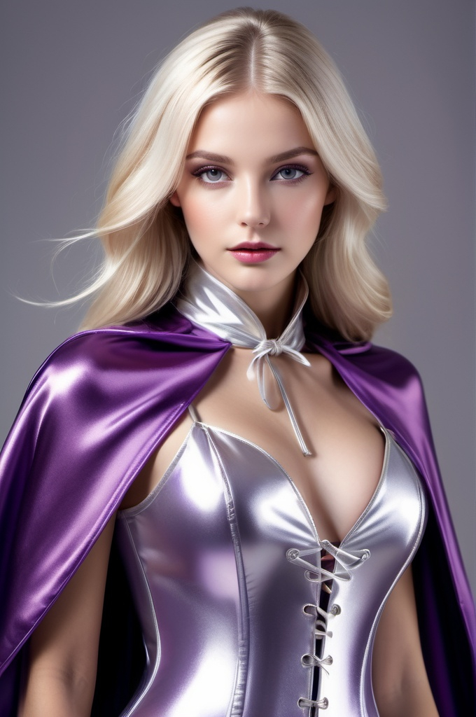 Prompt: ((long high collar shiny silver and purple cloak tied at the neck)), delicate and beautiful , pretty girl , long blonde hair , silver corset and short skirt , RAW Photo , full colour , best quality , HDR , photographic , realism pushed to extreme , fine texture , ultrarealistic, film grain , full length , 8K , vogue,