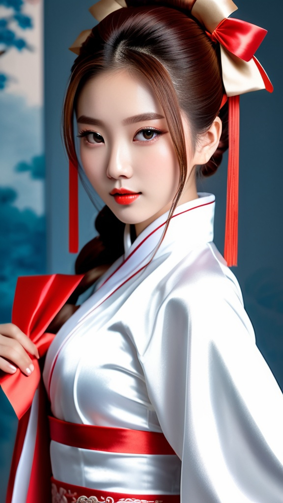 Prompt: floor length red and silver cloak fastened with red ribbon bow , Breathtakingly beautiful Chinese girl , long auburn hair in ponytail , wearing  elegant white qipao , holding fan over lower half of face , 8K , ultrarealistic, lifelike , highly detailed , insane details,  DSLR