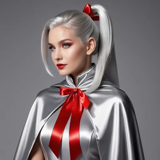 Prompt: elfish undertones, silver hair  , ponytail tied with red ribbon  , red eyed , high collar glossy silver satin cloak , 8K ,  ultrarealistic, film grain, intricate, full length