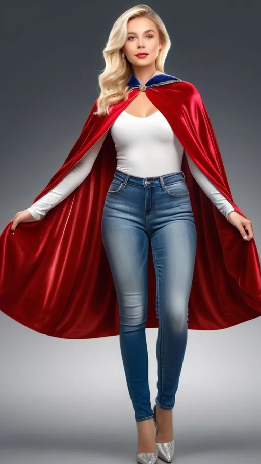 Prompt: Very pretty blonde girl wearing a Red velvet cape with glossy silver lining, 8K , ultrarealistic ,HDR , highly detailed , full body shot