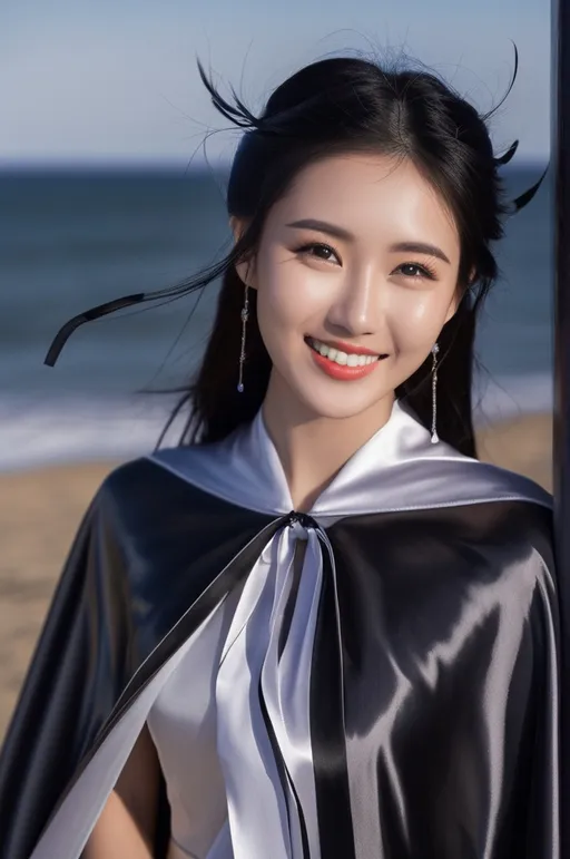 Prompt: Create a highly detailed, ultra realistic, AI defined image of a highly desirable "girl next door look" young Chinese college smiling student in a floor length glossy silver satin cape tied up at the neck with ribbon, ample cleavage, long black hair , wearing nothing , classic makeup, on the beach

wide landscape lense, ISO 500, Aperture f/22, APS-C, Splash art, dark fantasy art, stunning bokeh, cinematic lighting and scale, super detailed, 64k, high quality perfect lighting, perfect shadows.