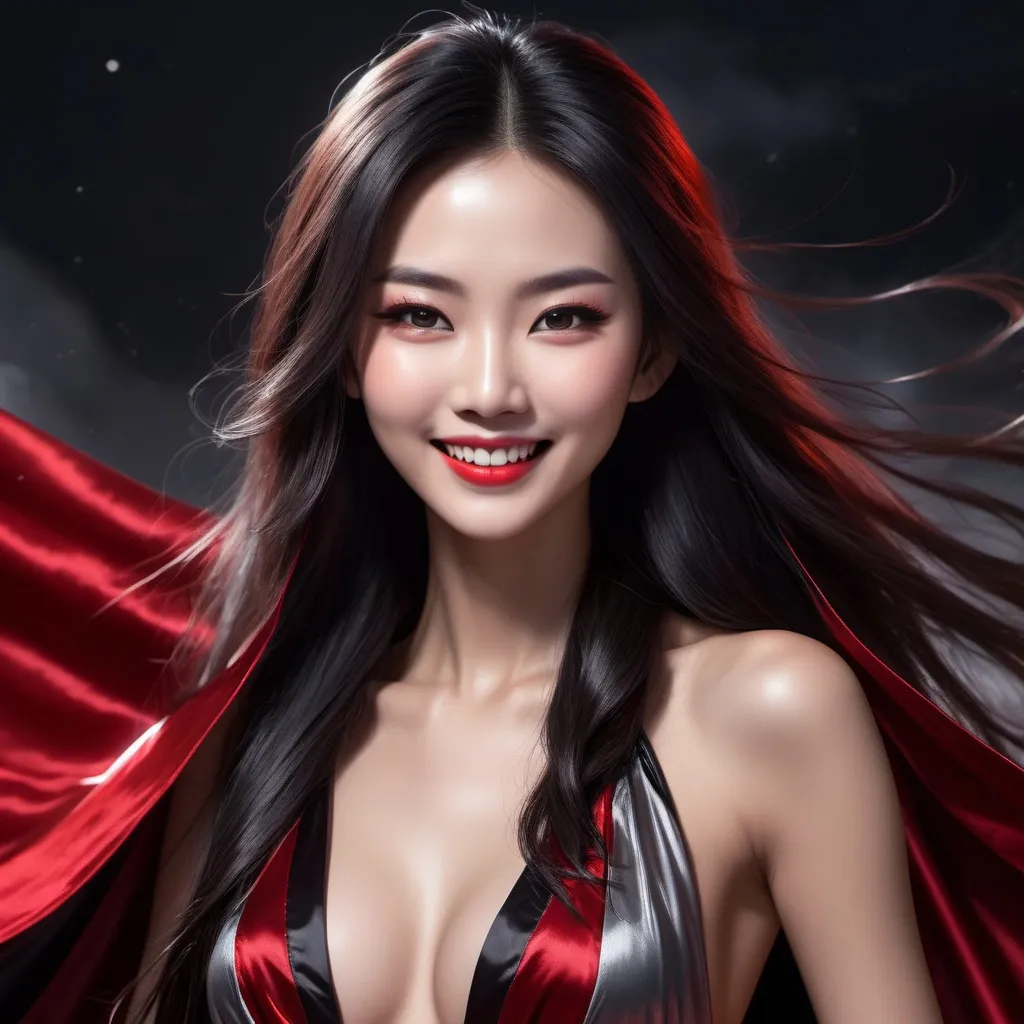 Prompt: pretty smiling chinese vampire , baring fangs , long windswept hair wearing a floor length glossy black and red cape tied at the neck and a glossy silver nightdress ,night , full length , 8k , ultrarealistic