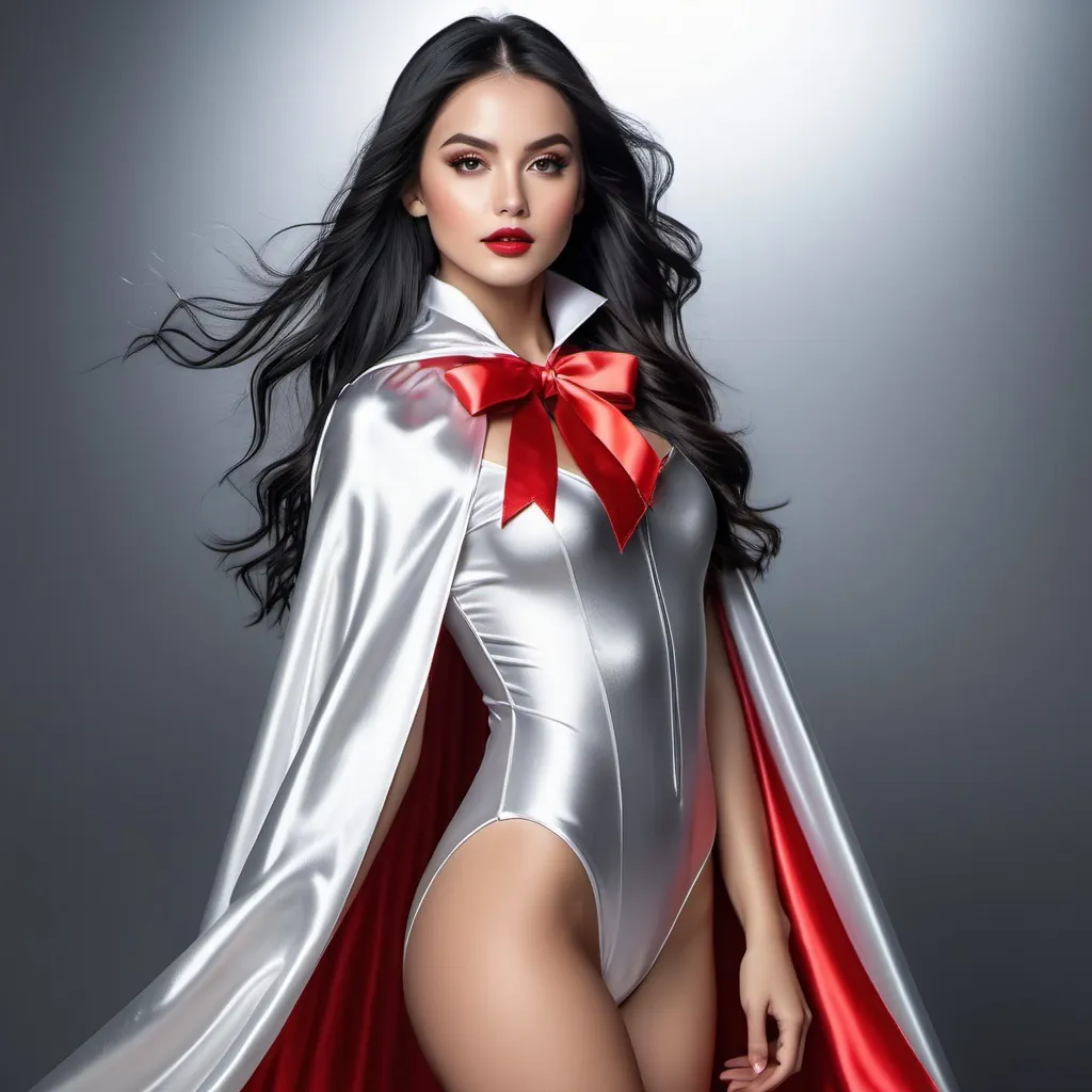 Prompt: (RAW photo, best quality, masterpiece, ultra-detailed, high res), (realistic),(extremely delicate and beautiful:1), mesmerizing picture of beautiful girl with long black hair , wearing a long silver and red lined satin cape tied at the neck with a ribbon , silver leotard , highly detailed, extremely high-resolution details, photographic, realism pushed to extreme, fine texture, 4k, ultra-detailed, high quality, high contrast 