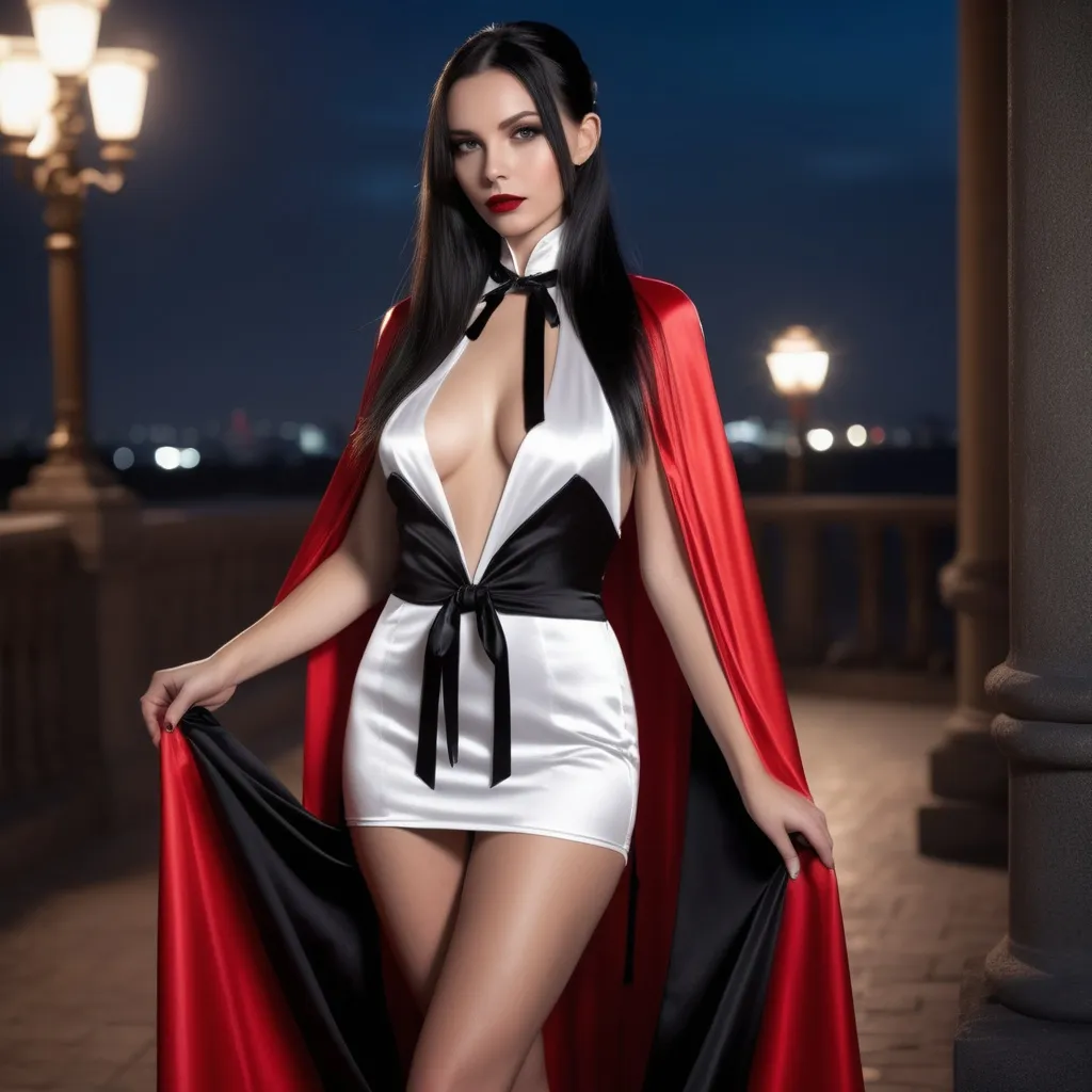 Prompt: Floor length high collar shiny Black and red cloak tied at the neck , pretty vampire girl , long black hair ponytail , (white satin chemise:1,9), ultrarealistic, film grain , full length , 8K , night , vogue,