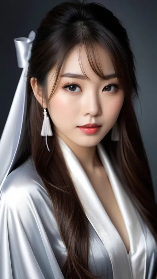 Prompt:  Lifelike image of a pretty Japanese girl with long hair wearing a silver satin cape tied at the neck with a ribbon and wearing nothing , ultrarealistic, film grain
