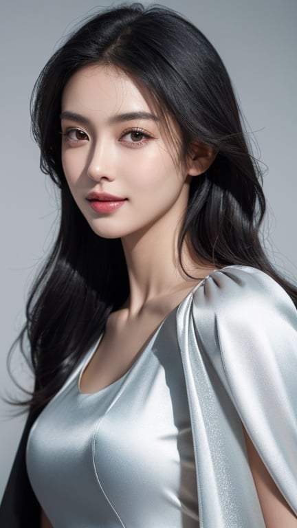 Prompt: (RAW photo, best quality, masterpiece, ultra-detailed, high res), (realistic),(extremely delicate and beautiful:1), mesmerizing portrait of a woman with long windswept black hair , detailed features, smiling slightly , wearing floor length silver satin cape tied at neck with ribbon ties , reflecting lights, glimmering lights, expression of feelings, imaginative, highly detailed, extremely high-resolution details, photographic, realism pushed to extreme, fine texture, 4k, ultra-detailed, high quality, high contrast, ,  full body shot