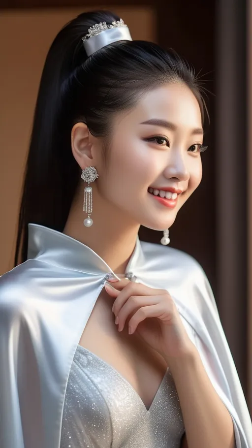 Prompt: (RAW photo, best quality, masterpiece, ultra-detailed, high res), (realistic),(extremely delicate and beautiful:1), mesmerizing portrait of a Chinese woman with long black hair in sleek high ponytail delicate features, smiling slightly reflecting lights, glimmering lights, expression of feelings, imaginative, highly detailed, extremely high-resolution details, photographic, realism pushed to extreme, fine texture, 4k, ultra-detailed, high quality, high contrast, wearing silver satin cape tied at neck with ribbon ties full body shot