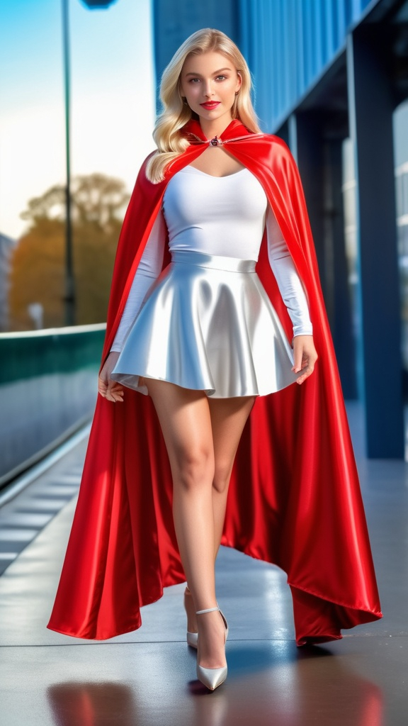 Prompt: Very pretty blonde girl wearing a floor length Red satin cape with glossy silver lining, glossy skater skirt , 8K , ultrarealistic ,HDR , highly detailed , full body shot