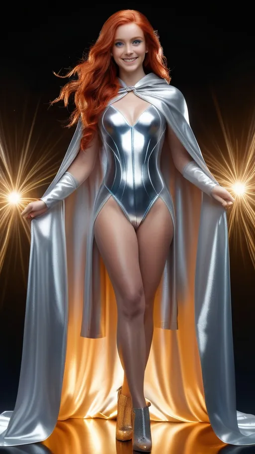 Prompt: young white irish woman smiling, wearing a floor length glossy silver cloak tied at the neck with ribbon , long red hair, blue eyes, athletic build, ultra-realistic, full body showing, high-resolution portrait,  hyper detailed perfect face, full body, long legs, perfect body, high-resolution cute face, perfect proportions, intricate Hyperlink hair, sparkling, highly detailed, intricate Hyperlink shining eyes, Elegant, ethereal, graceful, HDR, UHD, high res, 64k, cinematic lighting, special effects,