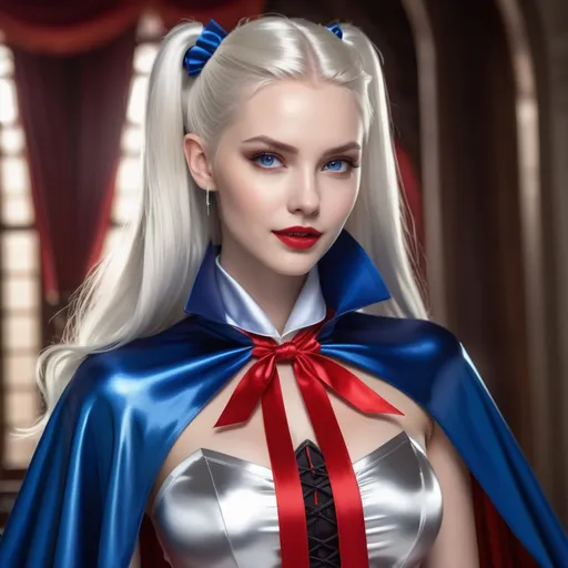 Prompt: Floor length high collar shiny Silver cloak tied at the neck with ribbon , breathtakingly beautiful vampire girl , platinum blonde hair, ponytail,  blue eyes , (slight smile showing fangs:1,2) , red lips , pencil skirt , full length , 8K , elfish undertones, , highly detailed , ultrarealistic, film grain