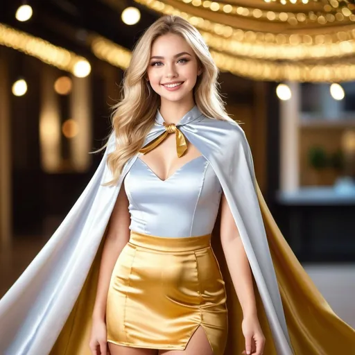 Prompt: (RAW photo) , 1girl, cute, 20 years old, long blonde hair , smiling, look at viewer, ((((gold and silver lined satin cape tied at the neck)))+++, side spilt skirt , photo, realistic, best quality, hires, detailed face, detailed background, diffused lighting, depth of field, bokeh