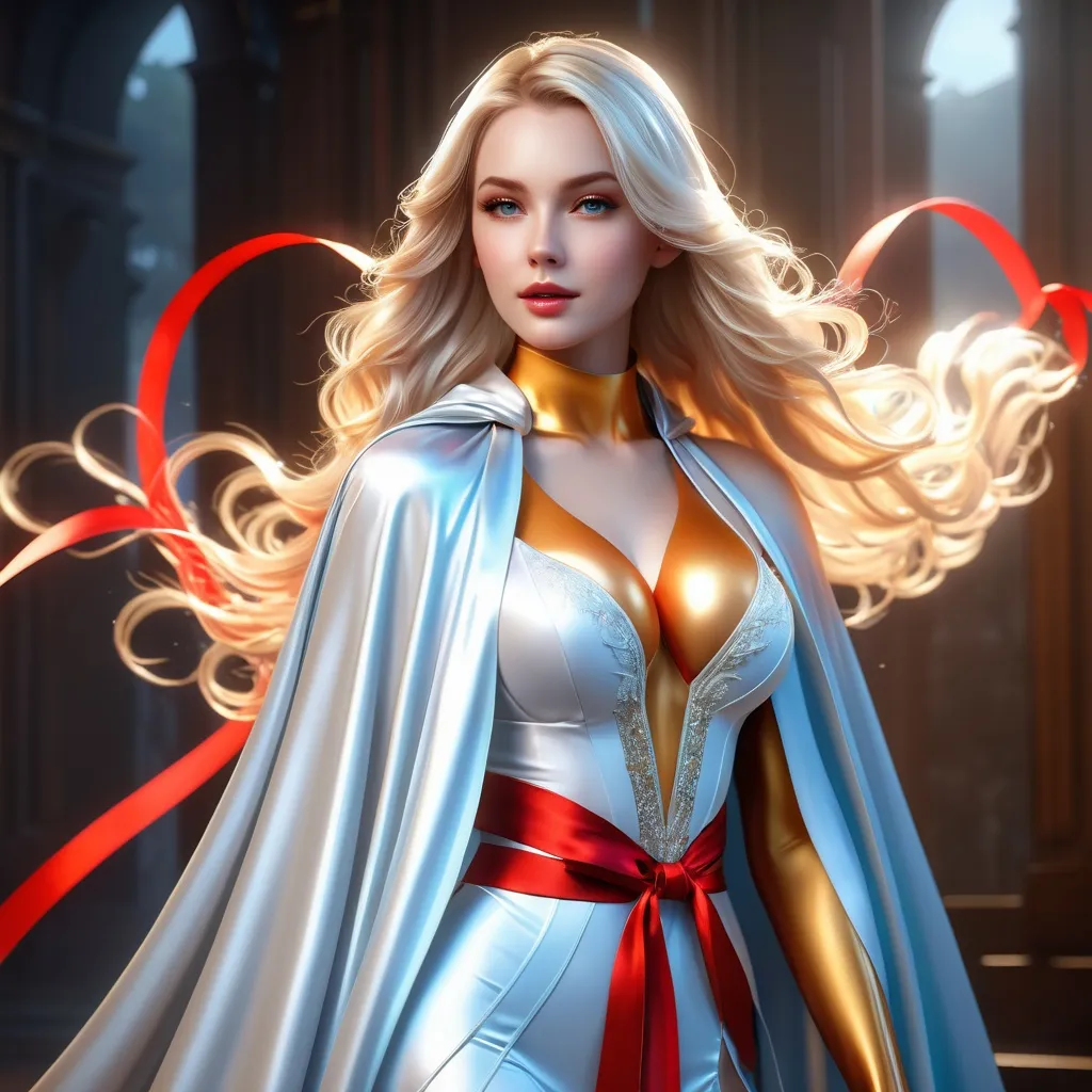 Prompt: splash art, hyper detailed, ultra realistic, highly detailed, surreal heavy mist, AI defined exquisitely beautiful, totally ultra realistic young adult woman, gorgeously detailed facial features, sumptuous cleavage, perfect body proportions, ultra pale, ultra glamorous long blonde hair girl (wearing floor length silver satin cape tied around neck with red ribbon ties:1,3) , walking in a swirling fog,

Perfect studio lighting, perfect shading, impeccable contrast, HDR, UHD, high res, 64k, cinematic lighting, special effects, hd octaneArtgerm, WLOP, dynamic studio quality lighting hyper-detailed, intricately detailed, Splash art, trending on Artstation, triadic colors, Unreal Engine 5 volumetric lighting, unreal engine, octane render.