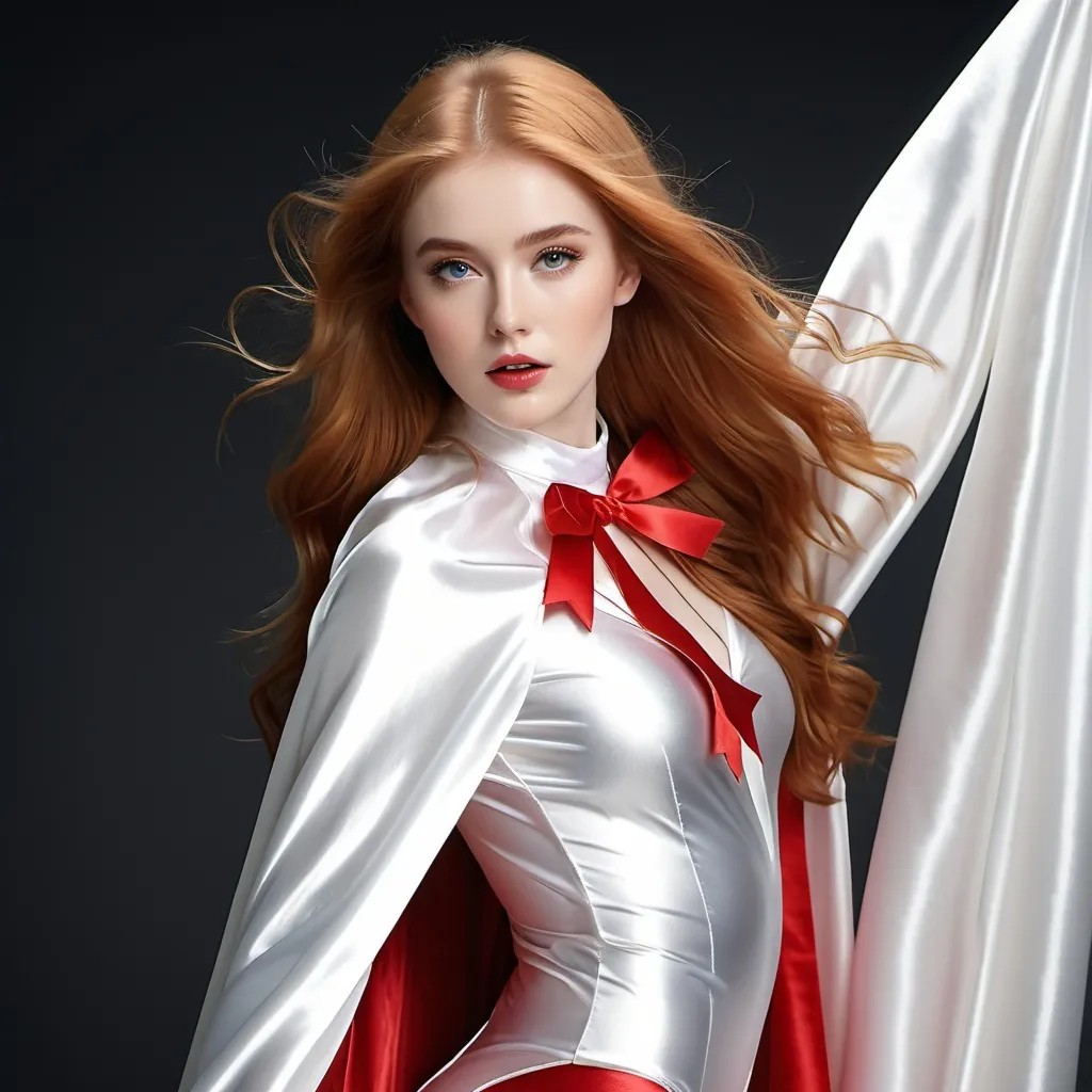 Prompt: (RAW photo, best quality, masterpiece, ultra-detailed, high res), (realistic),(extremely delicate and beautiful:1), mesmerizing picture of Jia Lissa with long bhair,, wearing a long white and red lined satin cape tied at the neck with a ribbon , silver leotard and short skirt , highly detailed, extremely high-resolution details, photographic, realism pushed to extreme, fine texture, 4k, ultra-detailed, high quality, high contrast 