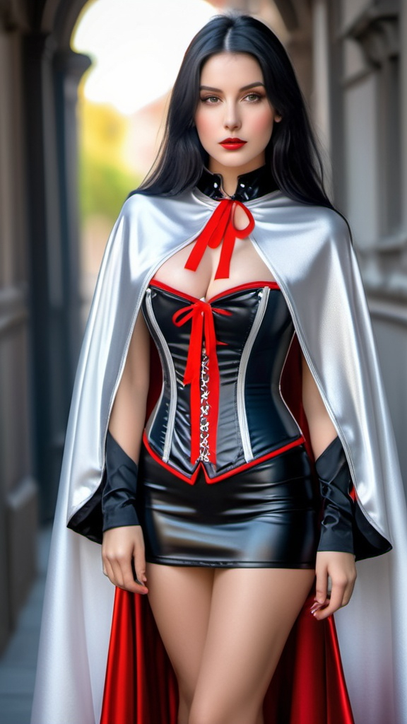 Prompt: ((long high collar shiny silver and red lined cloak tied at the neck)), delicate and beautiful , pretty girl , long black hair , silver corset and short skirt , RAW Photo , full colour , best quality , HDR , photographic , realism pushed to extreme , fine texture , ultrarealistic, film grain , full length , 8K , vogue,