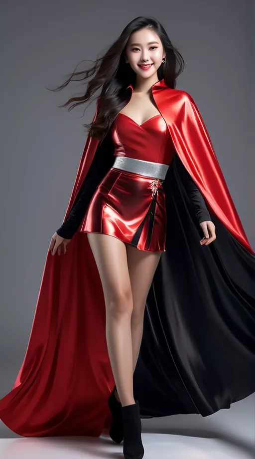 Prompt: pretty smiling chinese woman , long windswept hair , floor length glossy black and red cape tied at the neck, glossy silver skater skirt , full length , 8k , ultrarealistic