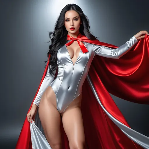 Prompt: (RAW photo, best quality, masterpiece, ultra-detailed, high res), (realistic),(extremely delicate and beautiful:1), mesmerizing picture of beautiful girl with long black hair , wearing a long silver and red lined satin cape tied at the neck with a ribbon , silver leotard , highly detailed, extremely high-resolution details, photographic, realism pushed to extreme, fine texture, 4k, ultra-detailed, high quality, high contrast 