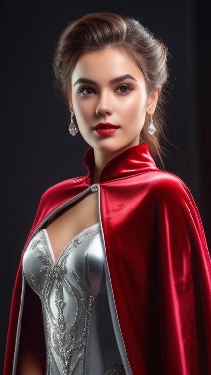 Prompt: Very pretty girl wearing a Red velvet cape with glossy silver lining, 8K , ultrarealistic ,HDR , highly detailed