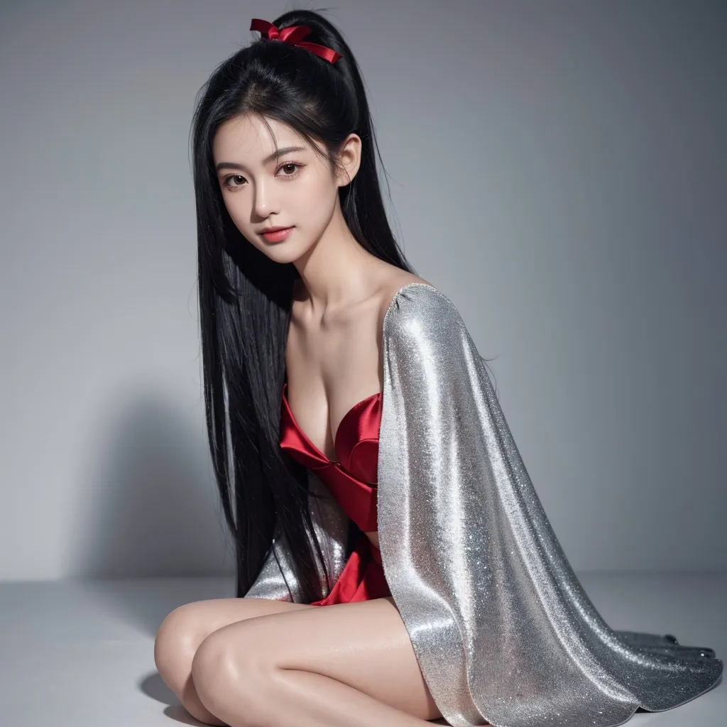 Prompt: (RAW photo, best quality, masterpiece, ultra-detailed, high res), (realistic),(extremely delicate and beautiful:1), mesmerizing portrait of a woman with long black hair in sleek high ponytail detailed features, smiling slightly reflecting lights, glimmering lights, expression of feelings, imaginative, highly detailed, extremely high-resolution details, photographic, realism pushed to extreme, fine texture, 4k, ultra-detailed, high quality, high contrast, wearing silver and red satin cape tied at neck with ribbon ties full body shot