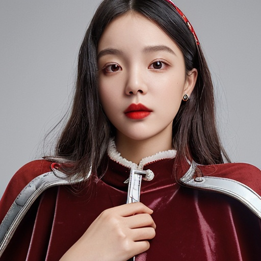 Prompt: Very pretty girl wearing a Red velvet cape with glossy silver lining, 8K