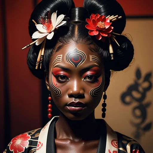 Prompt: A very dark skinned black woman geisha with tribal tattoos