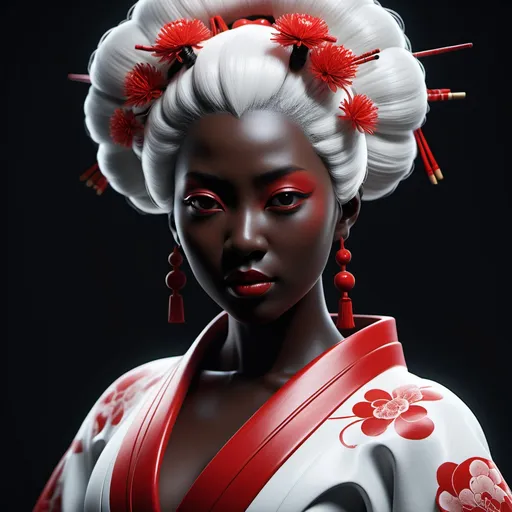 Prompt: A futuristic dark skinned black woman geisha with white hair in red porcelain ciborg that represents Goddess of The Artificial Intelligence, looking straight ahead, photorealistic render, 3ds Max + V - Ray, center composition, elegant, vfx, unreal engine 5, octane render, extremely contrast, extremely sharp lines, black background