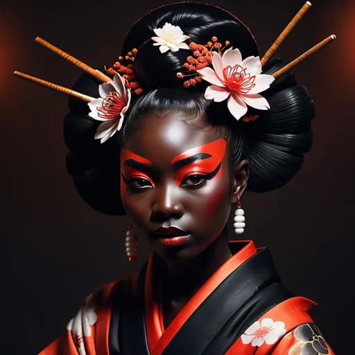 Prompt: A futuristic dark skinned black woman geisha