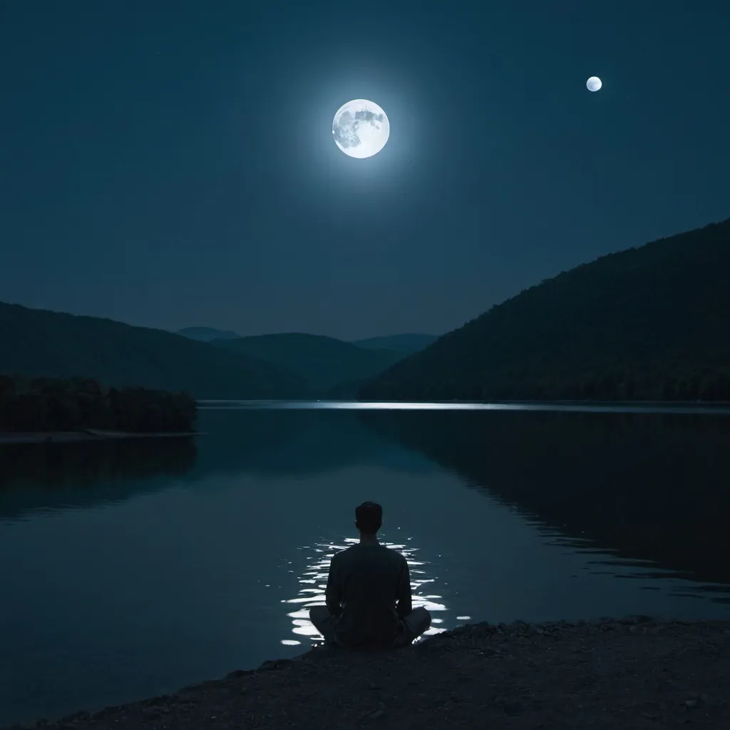 Prompt: A man sitting in the lake below moonlight