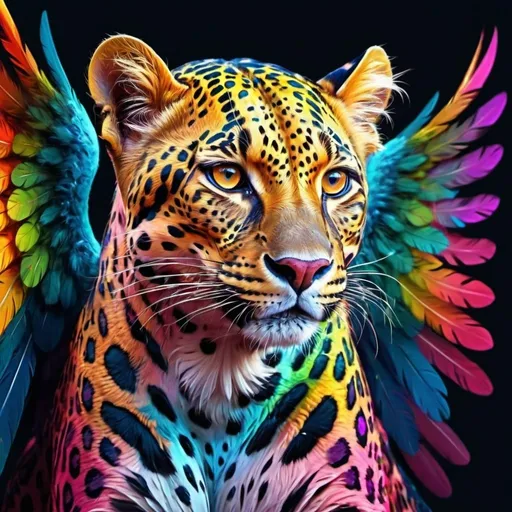 Prompt: Multicolored leopard with wings, vibrant colors, digital painting, detailed fur and feathers, surreal fantasy, high quality, vivid and vibrant, fantasy art, colorful lighting