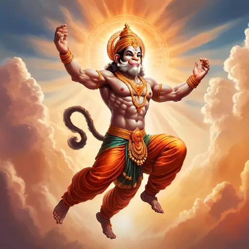 Prompt: Hanuman ji is flying in the sky 
