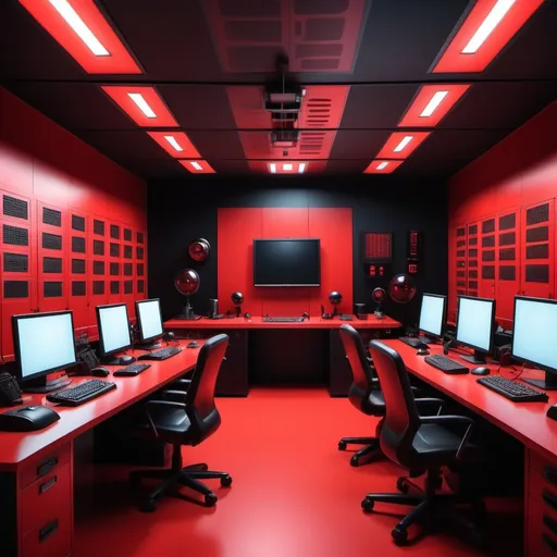 Prompt: red color and black secret spy agency room or headquarters that has computers and lights and gagets