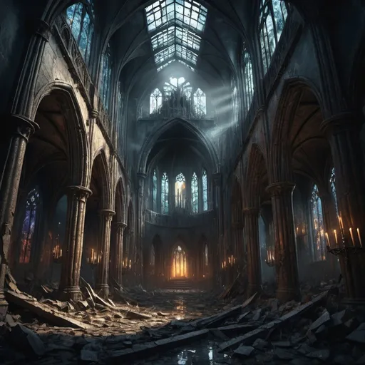 Prompt: Cursed souls, trapped in a doomed world, emotional symphonic metal, cinematic, dramatic, dark cathedral interior, shattered stained glass, crumbling ruins, ominous sky, mythical creatures, somber colors, moody lighting, International award-winning illustration, high detail, hyper quality, 32k, UHD, --ar 1:1 --v 6.0