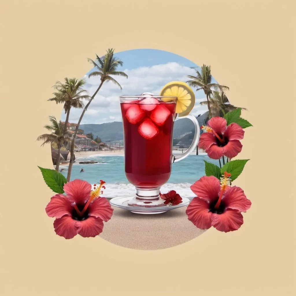 Prompt: Hibiscus tea in cup with beach city in background