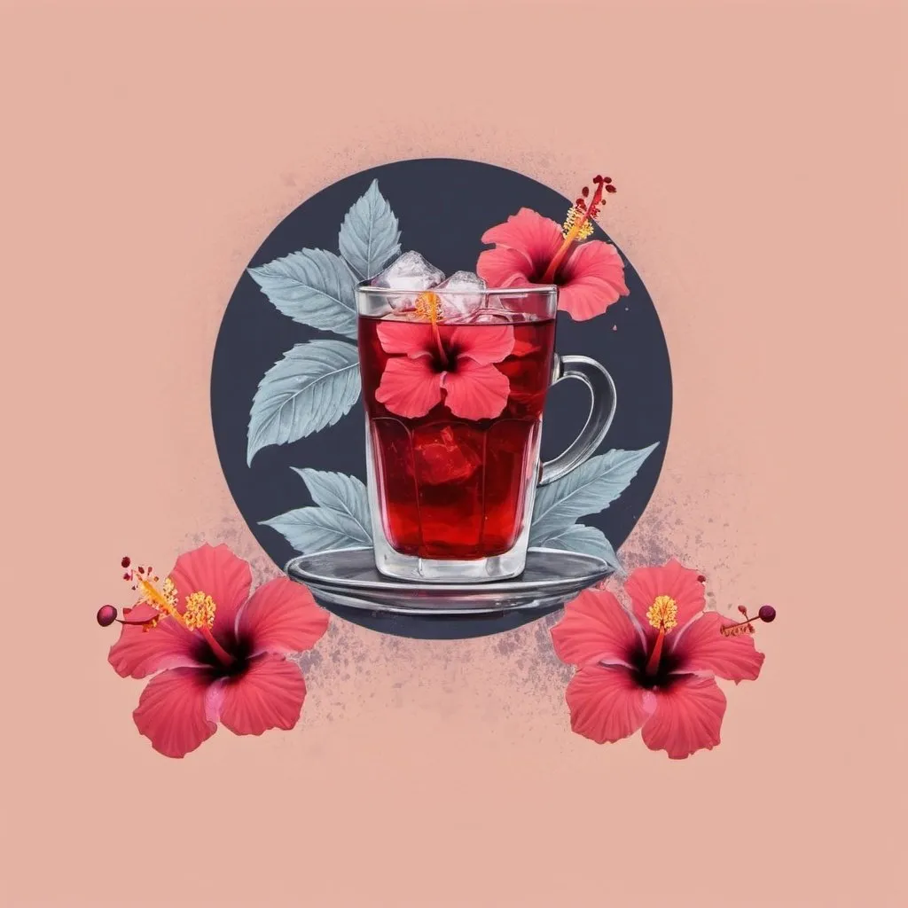 Prompt: Hibiscus tea in with ice cubes inside cup with hibiscus flowers on the side, cup shown at side profile. make image look like its real