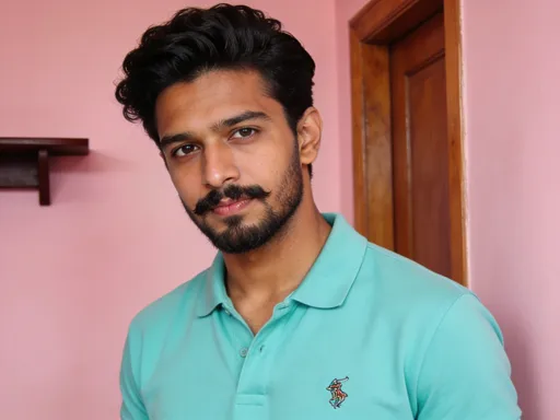 Prompt: Photograph of a young South Asian man with medium brown skin and a short, neatly groomed black beard and mustache. He has thick, wavy black hair styled to the side. He wears a light turquoise polo shirt with a small embroidered logo on the left side of the chest. His expression is neutral, with slightly pursed lips and a direct gaze at the camera. The background features a pink wall with a wooden door frame on the right and a dark brown shelf on the left. The lighting is natural, highlighting his facial features and the texture of his shirt.