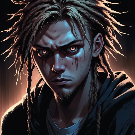 Prompt: Dark, j-horror, anime illustration of Luka Doncic, intense and haunting atmosphere, detailed facial features, 2D digital art, eerie and sinister vibe, dramatic lighting and shadows, high-res, ultra-detailed, anime, j-horror, intense gaze, haunting, eerie, 2D, detailed eyes, professional, dramatic lighting, blushing, wearing dreadlocks