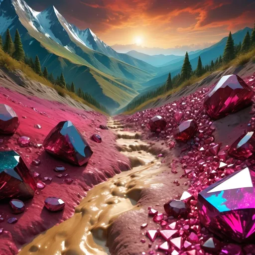 Prompt: Bling mudslide, tumbling diamonds and rubies, hill, muddy