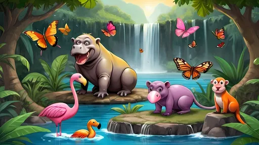 Prompt: "Create a vibrant and colorful jungle-themed mural designed for a children's room. The scene should feature a playful and animated style with various cartoon animals. Include a friendly purple hippopotamus sitting on a rock while reading a book, with a happy expression on its face. Surround the hippo with lush, green jungle foliage, and incorporate other animals such as a snake hanging from a tree branch, a lemur holding a toy, a crocodile floating on water with a monkey sitting on its back, and a flamingo standing in the water near a waterfall. The background should feature a flowing waterfall, with small fish jumping from the water and butterflies fluttering around. The overall atmosphere should be joyful, engaging, and suitable for young children."