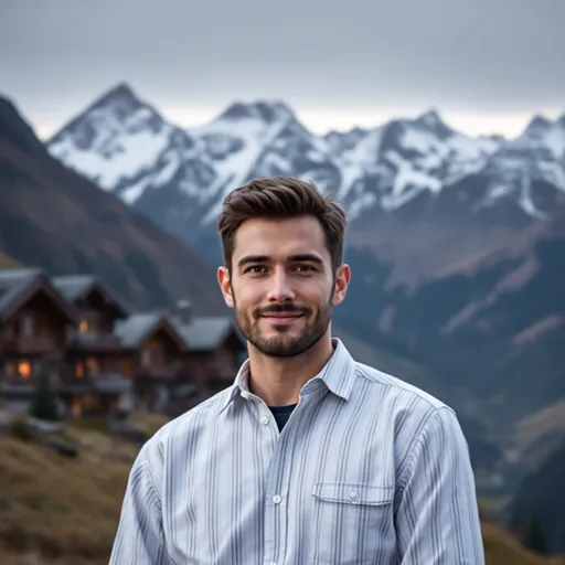 Prompt: Standing confidently in the foreground, a man with a slight smile faces the camera, his expression calm and composed as he wears a striped white shirt. Behind him stretches a picturesque landscape, featuring a row of rustic wooden buildings that seem to fade into the soft, rolling hills topped with a majestic range of mountains. These peaks, dusted with snow, create a dramatic backdrop against a muted sky that hints at twilight, casting a serene yet moody atmosphere over the scene. The composition draws the eye from the man to the captivating natural scenery, blending human presence with the tranquil beauty of the mountainous terrain. The overall color palette is earthy, dominated by warm browns and cool blues, further enhancing the peacefulness of this idyllic setting.
